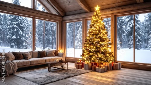 Cozy Christmas Cabin: Festive Interior with Snowy Views, Illuminated Tree, and Holiday Cheer