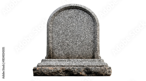 Weathered granite headstone with arched top and base stands on a plinth, representing remembrance and eternal rest in a cemetery setting, suitable for memorials or historical themes.