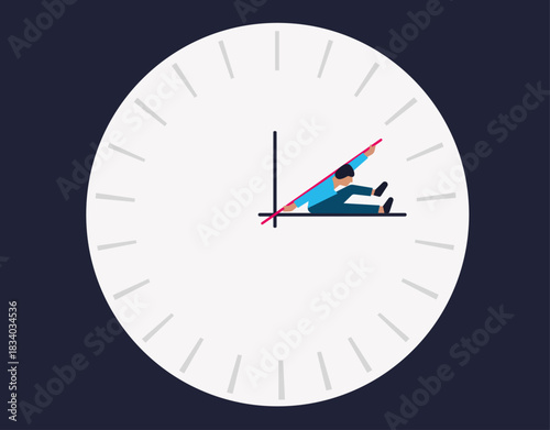 Man struck between clock hands, time management illustration
