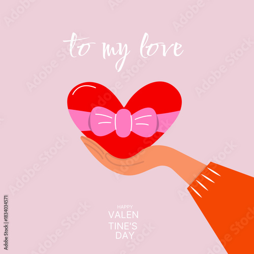Female hand is giving a heart with ribbon.  Symbol of love.Valentine's Day banner. Vector illustration
