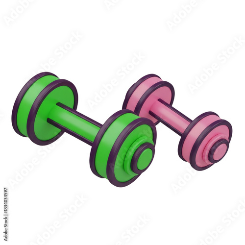 Two dumbbells one is green and one is pink fitness equipment illustration on transparent background