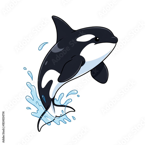 Illustration of an orca jumping out of the water with a splash effect on transparent background