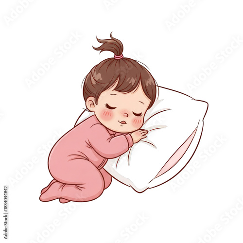 Illustration of a sleeping baby girl on a pillow with closed eyes on transparent background
