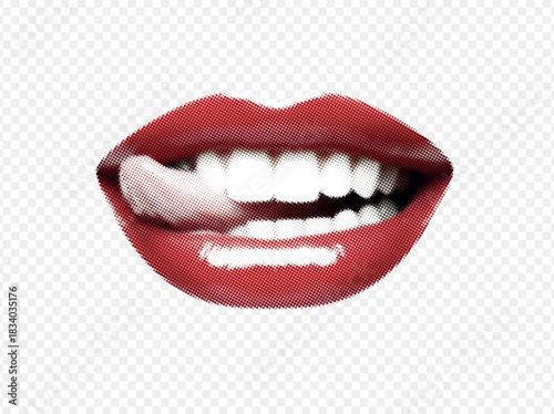 Smiling red lips with teeth in halftone pop art style