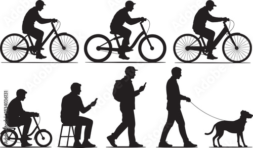Silhouette collection of a man cycling, walking with a dog, and using a smartphone bicycle