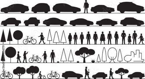 Silhouette collection of cars people trees and bicycles on white background car silhouette people silhouette