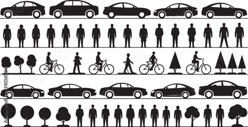 Silhouette collection of cars people and trees on white background car silhouette people silhouette