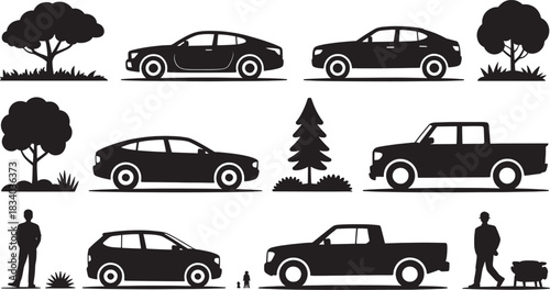 Silhouettes of cars, trucks, people and trees sedan hatchback