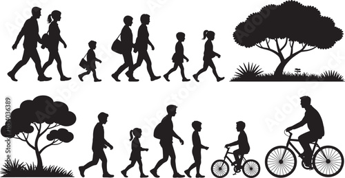 Silhouettes of families walking and a person riding a bicycle near trees family people