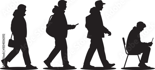 Silhouettes of four people engaged in various activities on a white background woman person