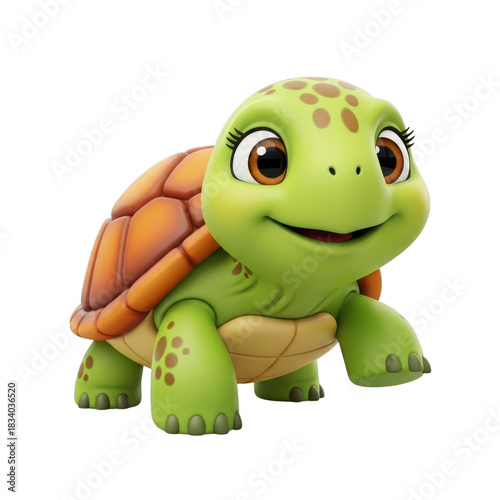Illustration of a cartoon turtle with a shell and happy facial expression on transparent background