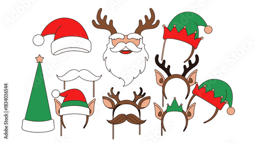Fun festive Christmas photo booth props Santa hats, elf ears, reindeer antlers, and mustaches for holiday parties