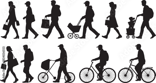 Silhouettes of people walking with strollers bicycles and shopping bags woman child