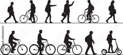 Silhouettes of people walking cycling and riding a scooter on a white background vector illustration