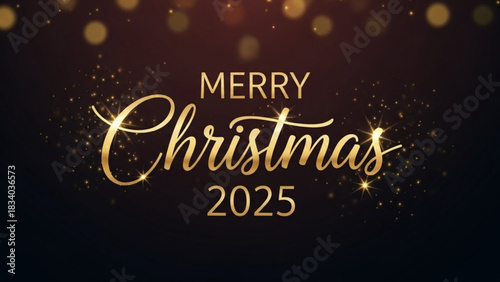 Elegant Merry Christmas 2025 greeting with golden script and sparkling lights, perfect for holiday cards, banners, and festive designs to spread cheer