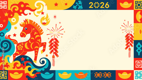 Dynamic Chinese New Year 2026 design featuring a spirited zodiac horse amidst fireworks and auspicious patterns, ideal for festive greetings