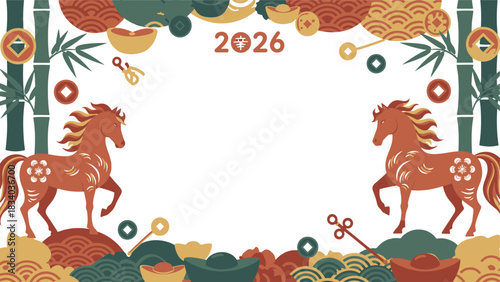 Vibrant 2026 Year of the Horse frame with cultural designs and prosperity symbols, perfect for new beginnings