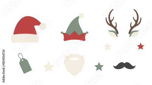 Festive flat design collection of Christmas and winter holiday elements including Santa hat, elf hat, and reindeer antlers, perfect for seasonal creative projects and decorations