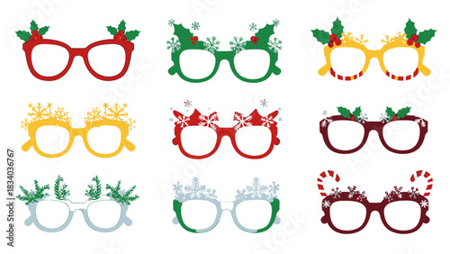Collection of festive Christmas and New Year's holiday novelty glasses, perfect for celebration accessories and fun party wear