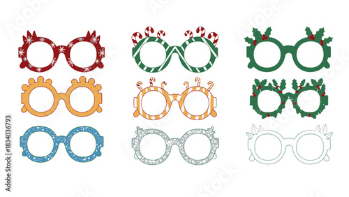 Vibrant collection of nine illustrated party glasses, featuring fun, festive holiday designs perfect for seasonal celebrations and events