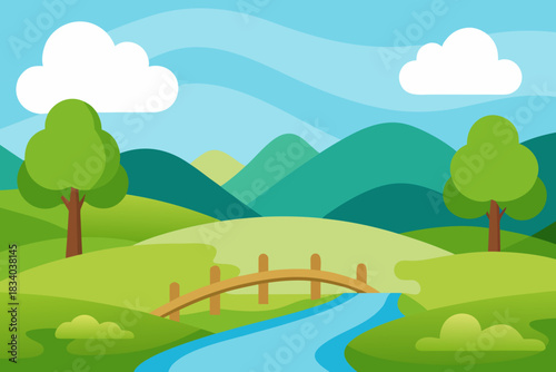 Cartoon landscape of a peaceful meadow with a stream and bridge vector illustration