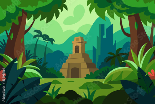 Cartoon illustration of a dense jungle with a hidden stone idol vector illustration