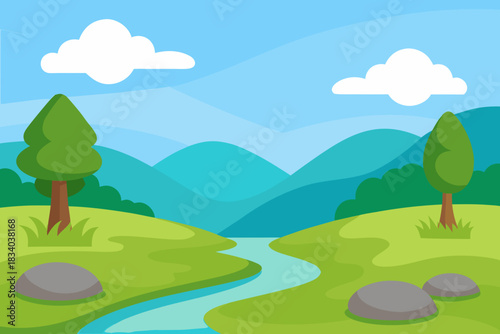 Cartoon landscape of a peaceful meadow with a stream vector illustration