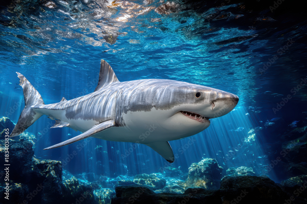 Fototapeta premium Great White Shark Swimming in Sunlit Ocean Depths