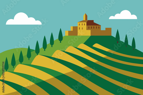 Stylized vector landscape of a terraced vineyard vector illustration