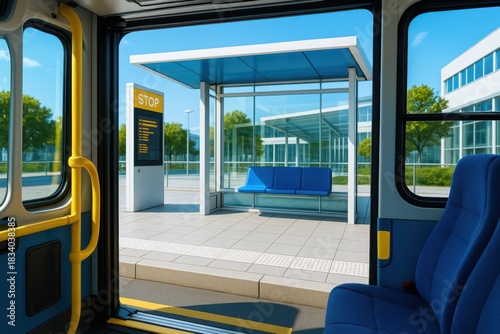 Calm urban bus stop viewed through an open bus doorway with blue seats and glass shelter, conveying everyday public transport, accessibility, and modern city life.
