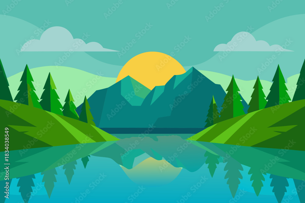 Fototapeta premium Peaceful cartoon scene of a calm lake reflecting hills vector illustration