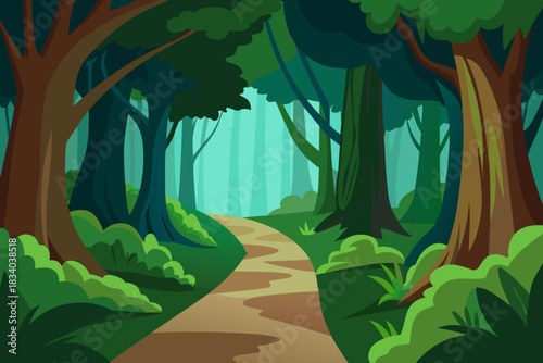 Storybook style illustration of a dense jungle path vector illustration