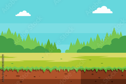 Two dimensional side scrolling game background with grassy platforms and dirt vector illustration