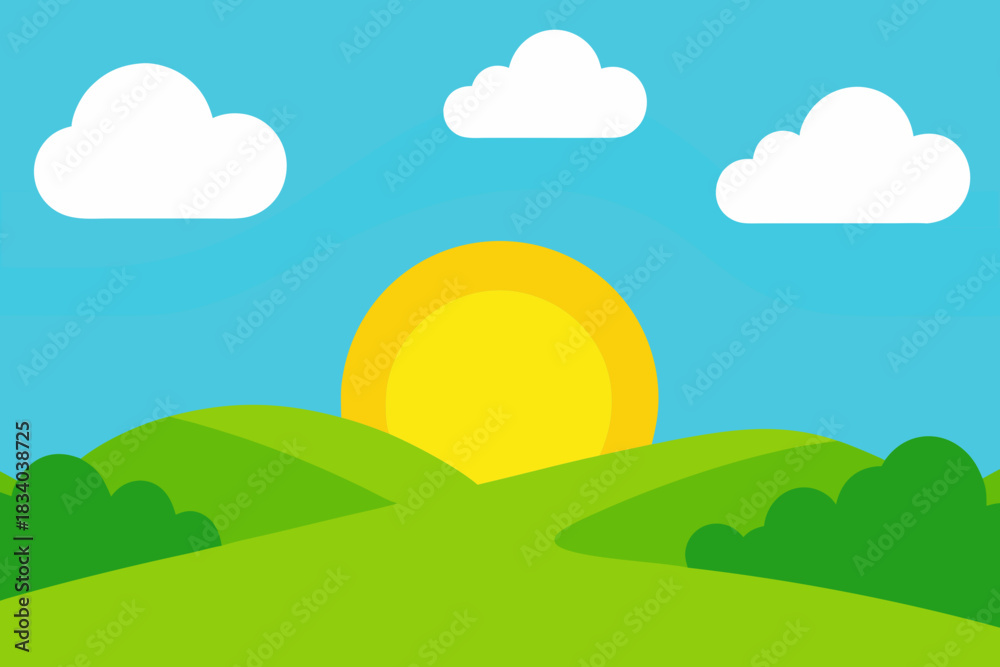 Fototapeta premium Vector flat illustration of a summer landscape with rolling hills vector illustration