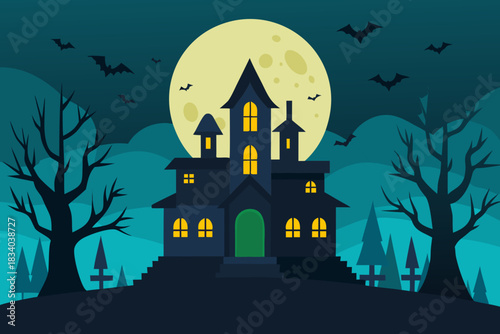 Creepy old mansion with lighted windows and dead trees vector illustration
