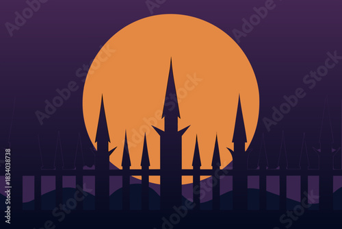 Foreground of spiked iron fence silhouettes with spooky background vector illustration