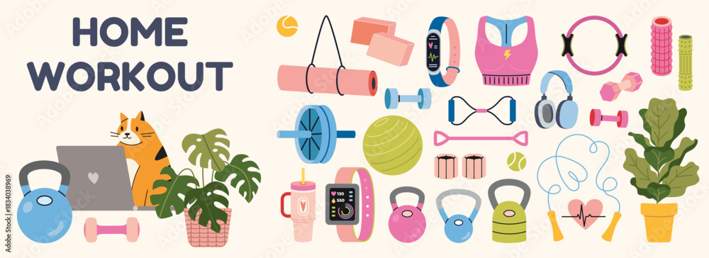 Fototapeta premium Home workout equipment set, fitness accessories and active lifestyle items for indoor training and daily exercise. Trendy modern vector illustration isolated on white, hand drawn, flat design.
