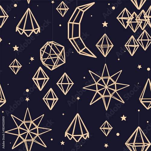 Christmas straw geometric sculptures seamless pattern. Ukrainian hanging straw spiders and Scandinavian himmeli holiday background. Xmas sky. Vector illustration