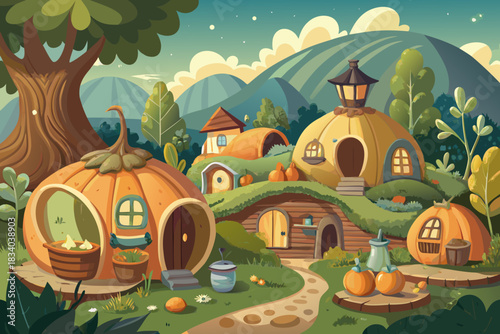 Storybook illustration of a village where houses are built from gourds vector illustration