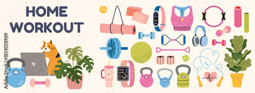 Home workout equipment set, fitness accessories and active lifestyle items for indoor training and daily exercise. Trendy modern vector illustration isolated on white, hand drawn, flat design.