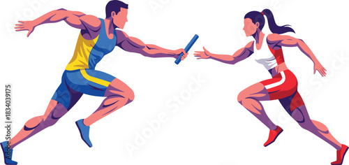 Athletes running fast in relay race competition passing baton teamwork sports illustration, professional runners sprinting together on track field