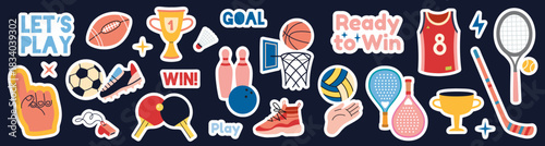 Sports games sticker pack with soccer, basketball, tennis, volleyball, trophies and motivational quotes. Die cut with white outline. Trendy modern flat vector illustration