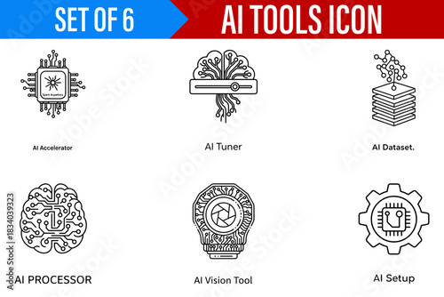 Ai tools icon set featuring accelerator tuner dataset processor vision setup for machine learning applications