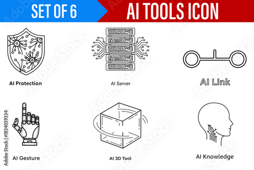 Ai tools icon set featuring ai protection server link gesture d tool and knowledge illustrations