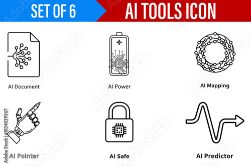 Ai tools icon set ai document ai power ai mapping ai pointer ai safe ai predictor vector illustration