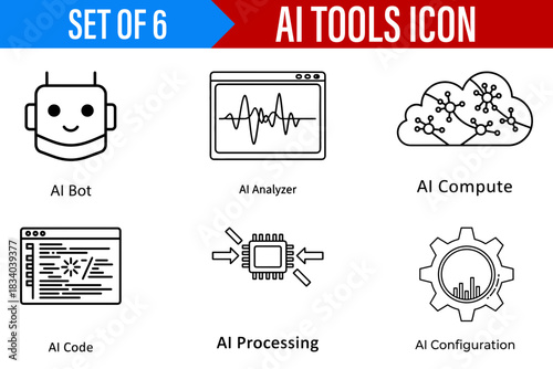 Ai tools icon set artificial intelligence bot analyzer compute code processing configuration vector design