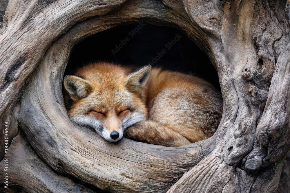 Obraz premium Sleeping fox curled up in a hollow tree at a nature reserve during a sunny day