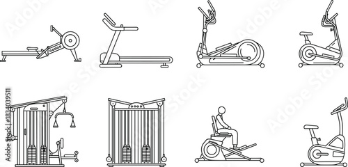 Gym equipment icons collection featuring cardio machines and strength training devices, fitness illustration set for workout, health, exercise and sports design
