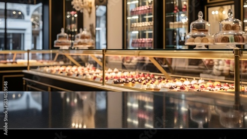 Elegant display of gourmet pastries and desserts in a luxurious glass refrigerated showcase at a high end patisserie or bakery inviting customers to choose sweet treats