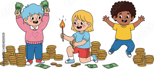 Happy children playing with cartoon money and gold coins, wealth education concept, financial success illustration for kids, saving and prosperity